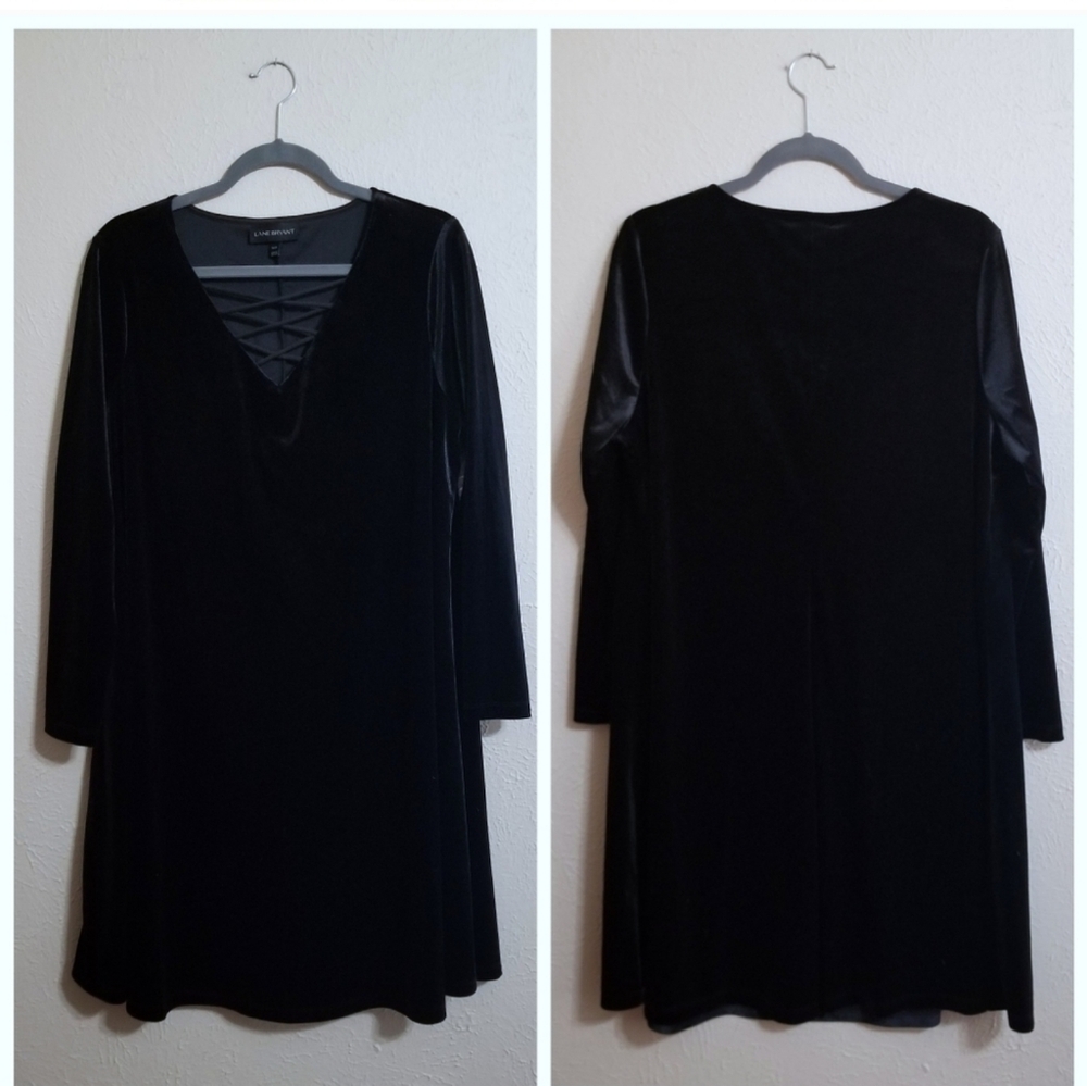 Lane Bryant Black Velvet Lace Up Long Sleeve Dress